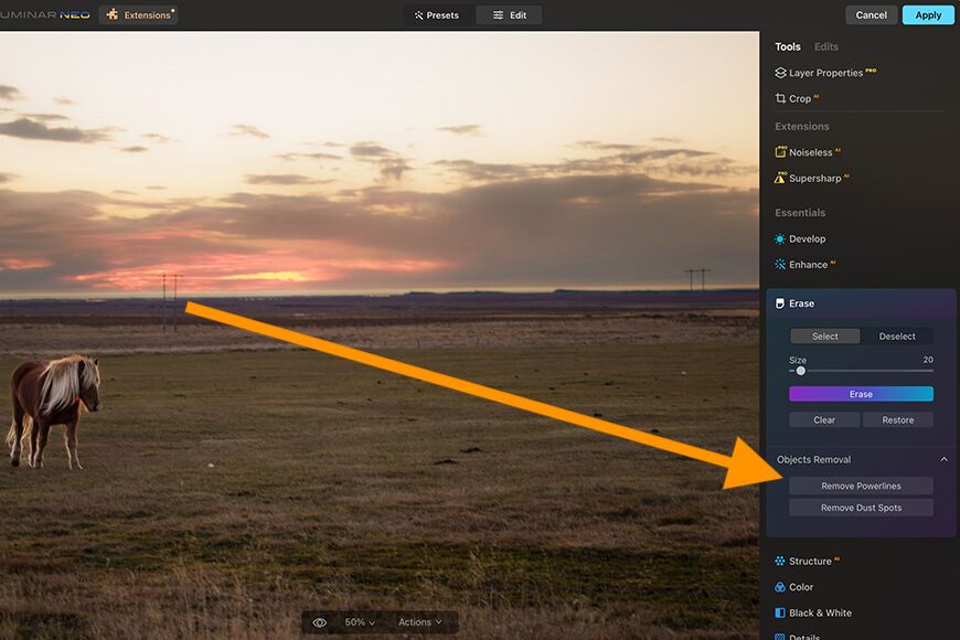powerline removal tool in Luminar neo