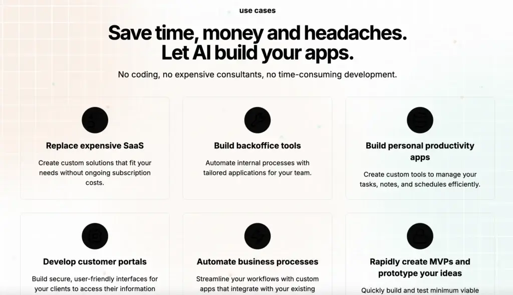 Grid of Base44 use cases showing how it helps replace SaaS tools, build internal apps, automate workflows, and prototype MVPs
