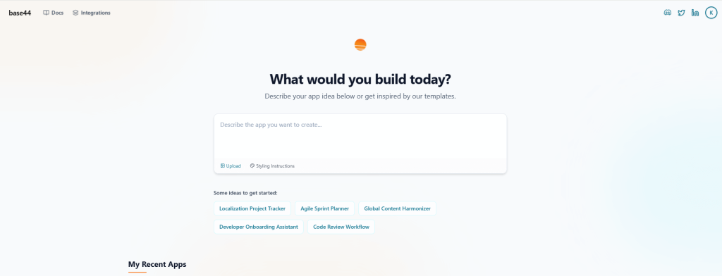 Screenshot of the Base44 AI prompt interface asking “What would you build today?” with suggested app templates.